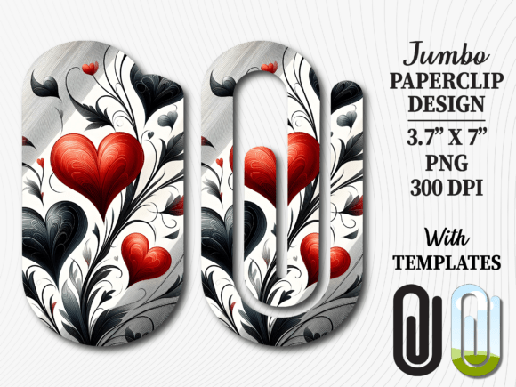 Black Red Floral Heart Jumbo Paperclip Graphics & Crafts